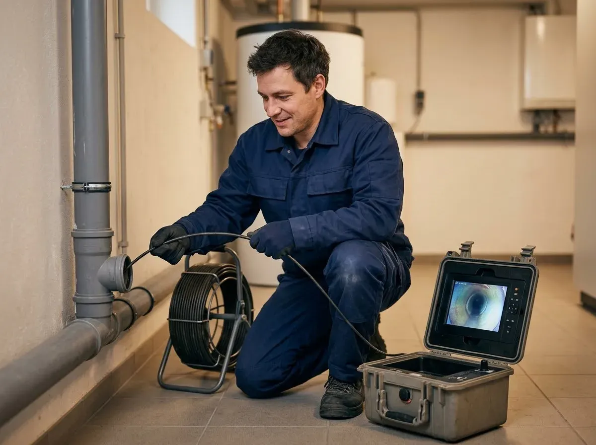 Techniker schiebt eine Rohrkamera in die Abwasserleitung im Keller und prüft das Monitorbild